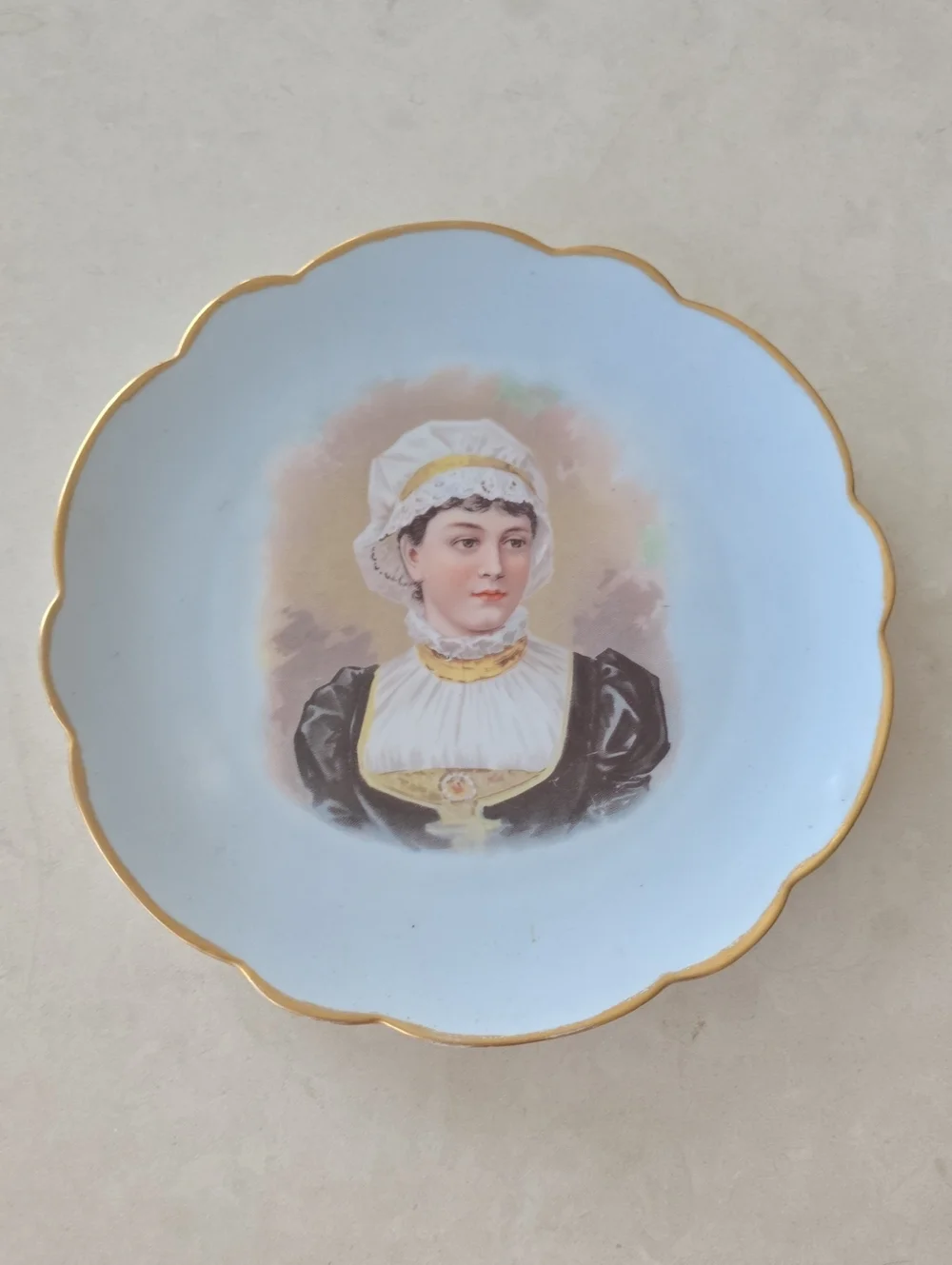 Vintage Light Blue and Gold Scalloped Porcelain Dish with Portrait